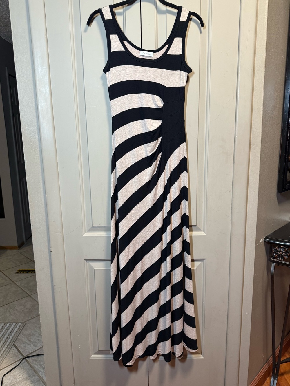 Calvin Klein Collection Black and Cream Striped Maxi Dress